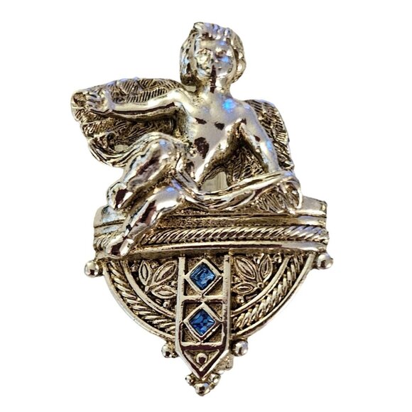 Vatican Library Silver Tone l Blue Rhinestone Cherub Angel Brooch, Signed L276 - Picture 1 of 8